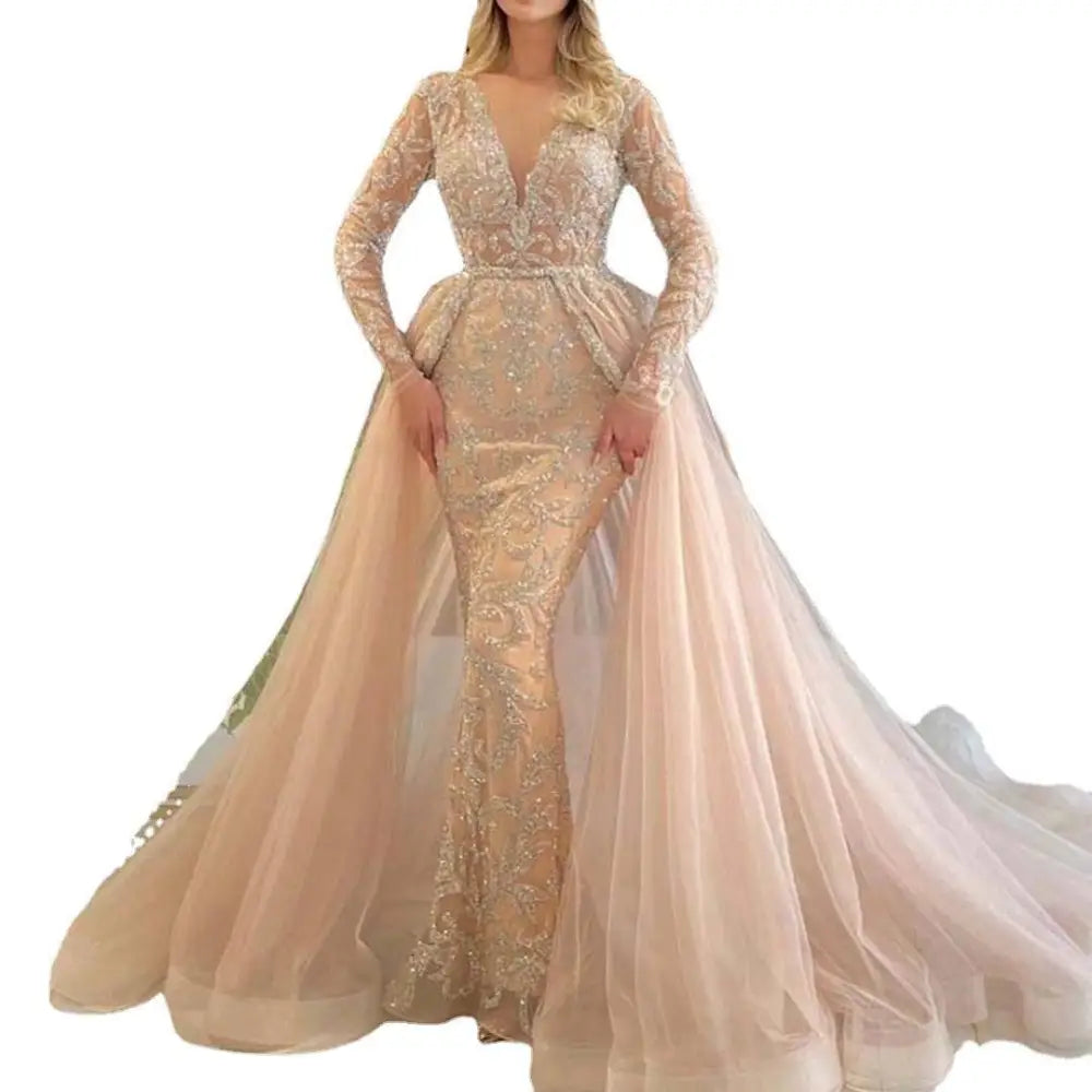 Blush Pink Beaded French Style Simple Wedding Dress