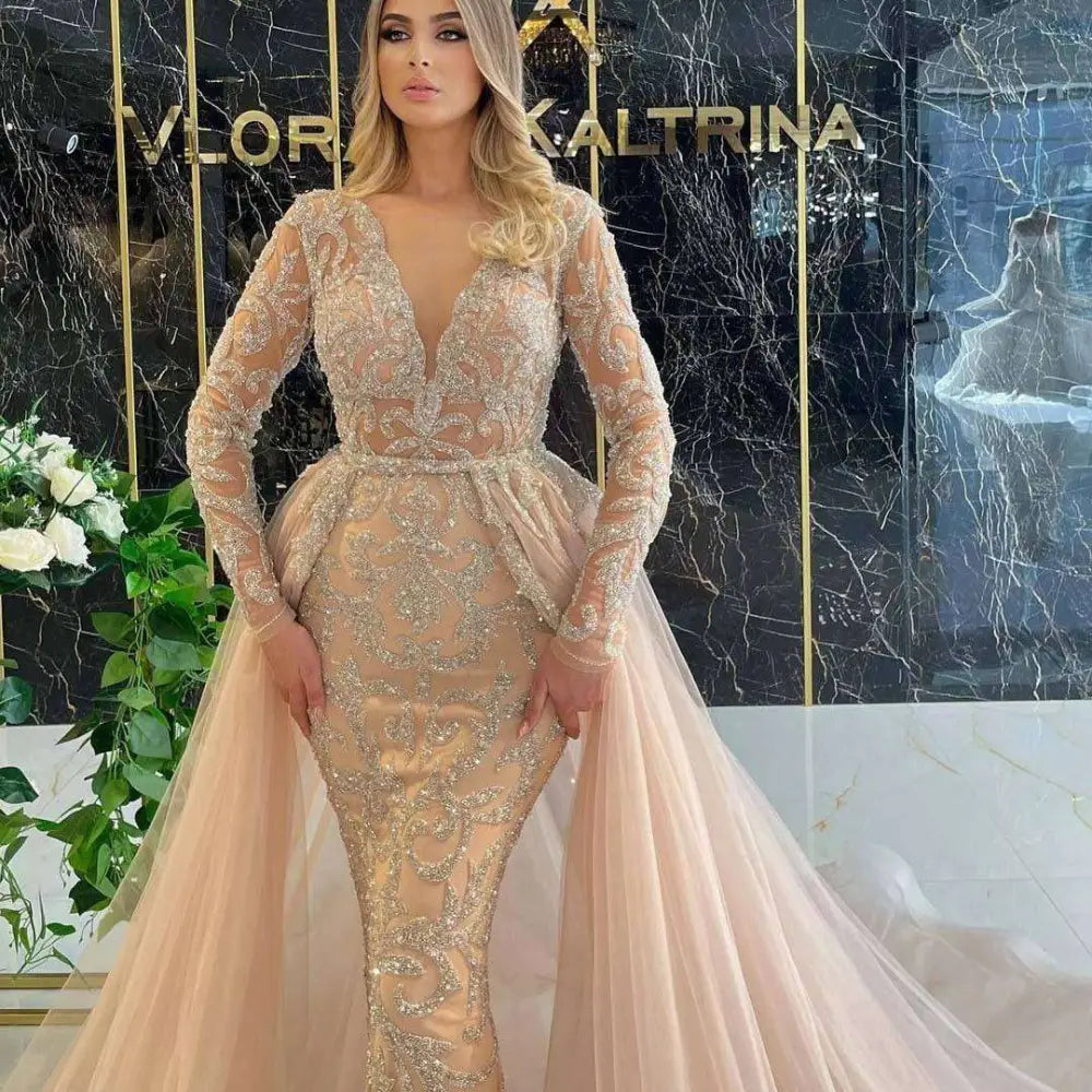 Blush Pink Beaded French Style Simple Wedding Dress