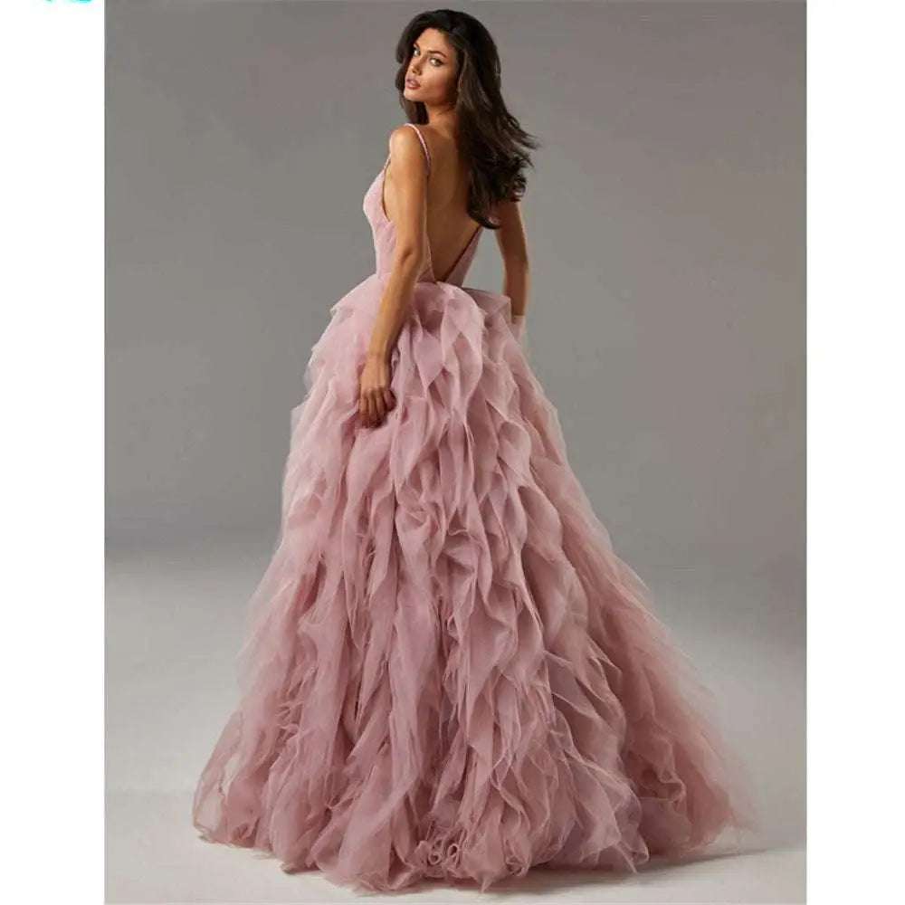 Blush Pink Mesh Long Dress Evening Gown Prom