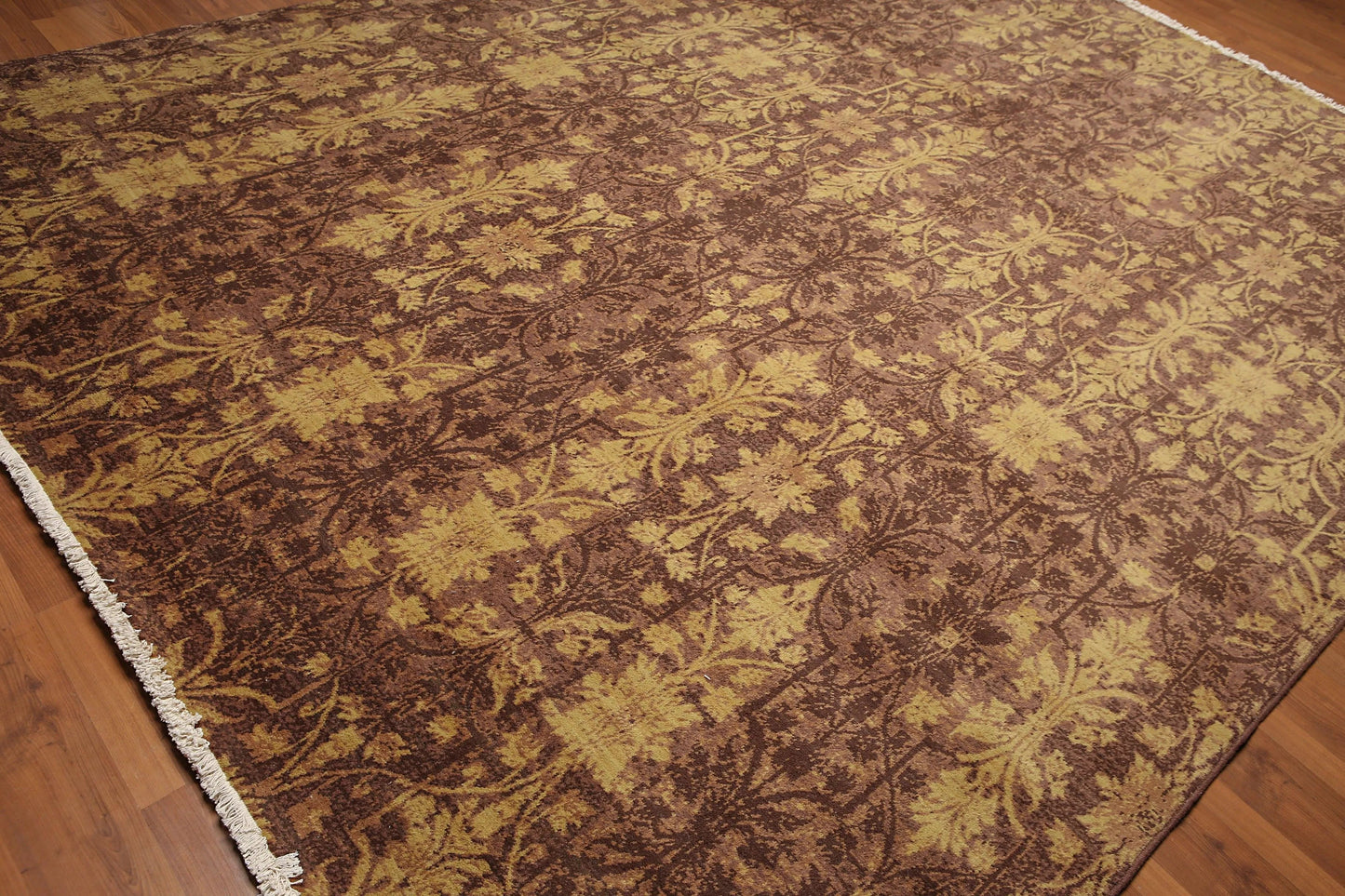 9' x 12' Hand Knotted Erased Pattern Botanical Wool Pile Area Rug Brown-1