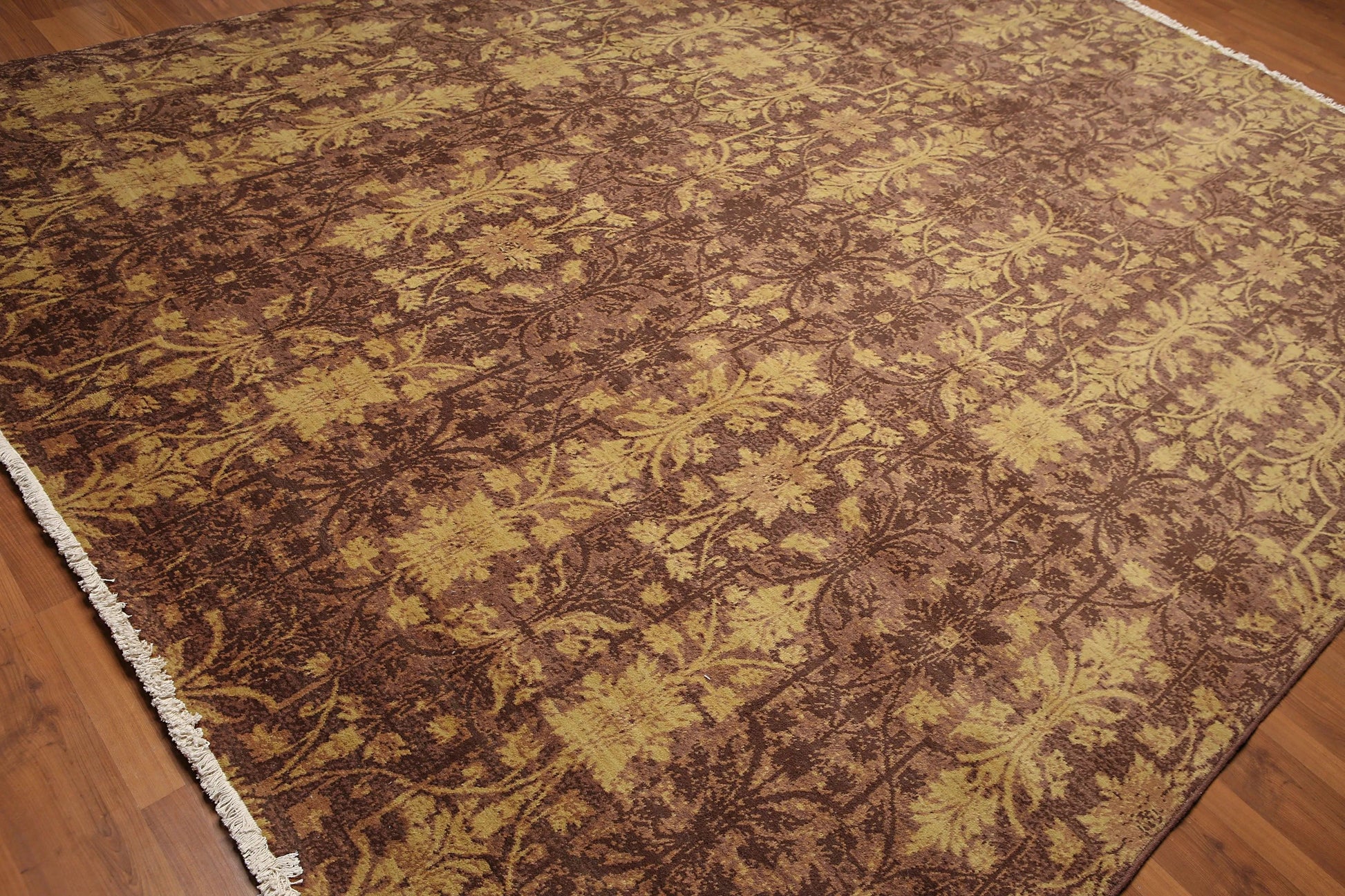 9' x 12' Hand Knotted Erased Pattern Botanical Wool Pile Area Rug Brown-1