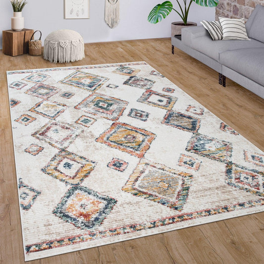 Boho Rug Cream Colorful Ethnic Diamond Pattern Ripped Design-0