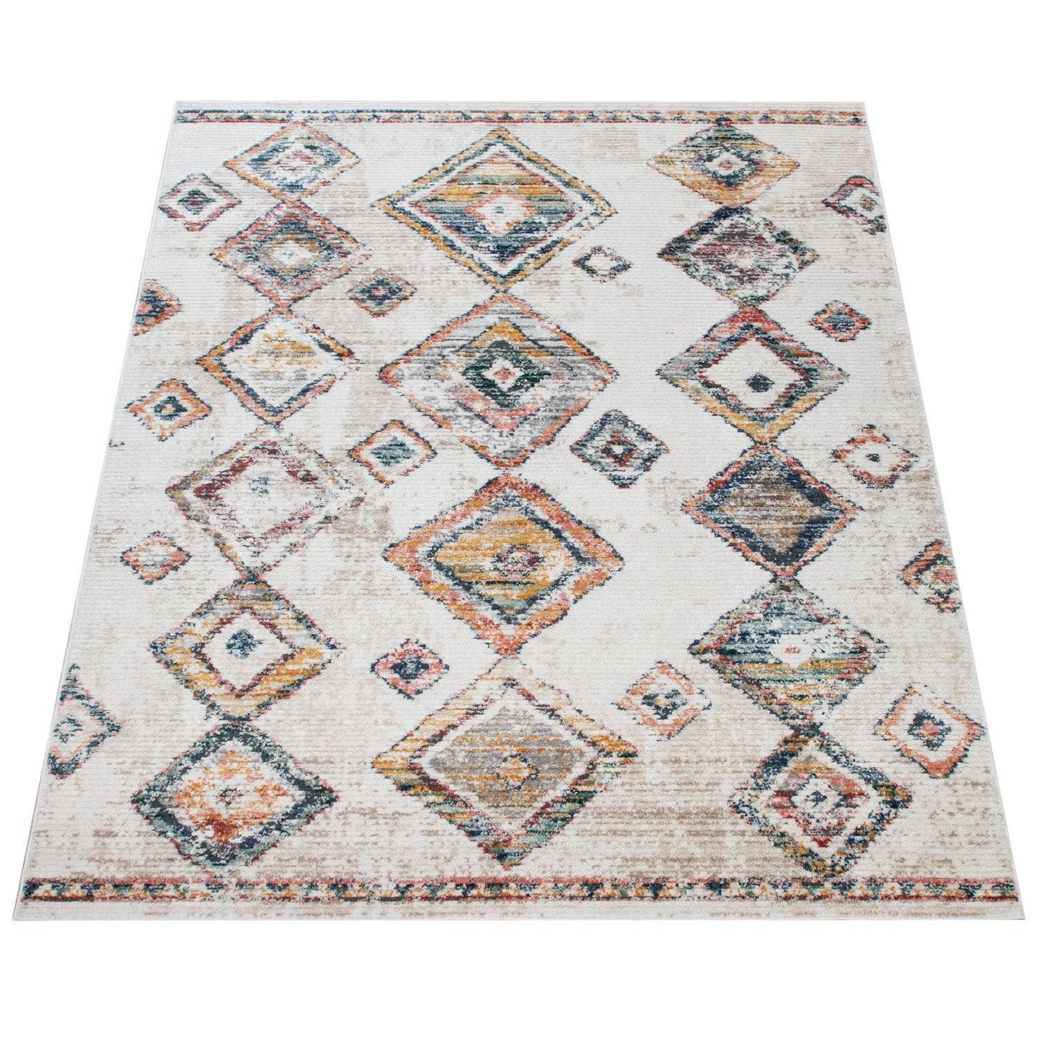 Boho Rug Cream Colorful Ethnic Diamond Pattern Ripped Design-1