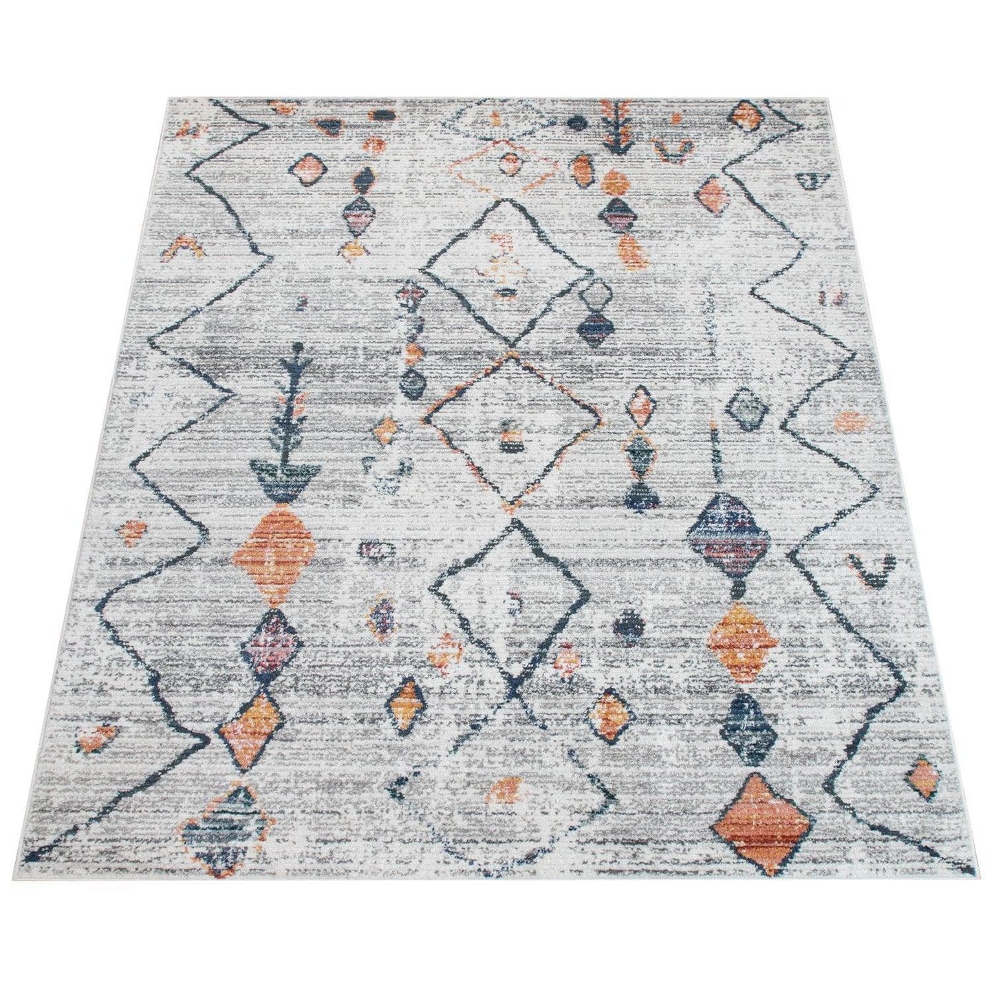 Boho Rug Cream Ethnic Diamond Pattern Modern Ripped Design-1