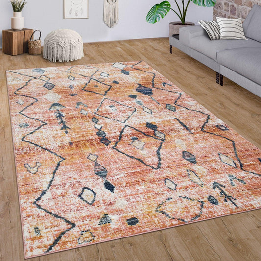 Boho Rug Red Ethnic Diamond Pattern Modern Ripped Design-0