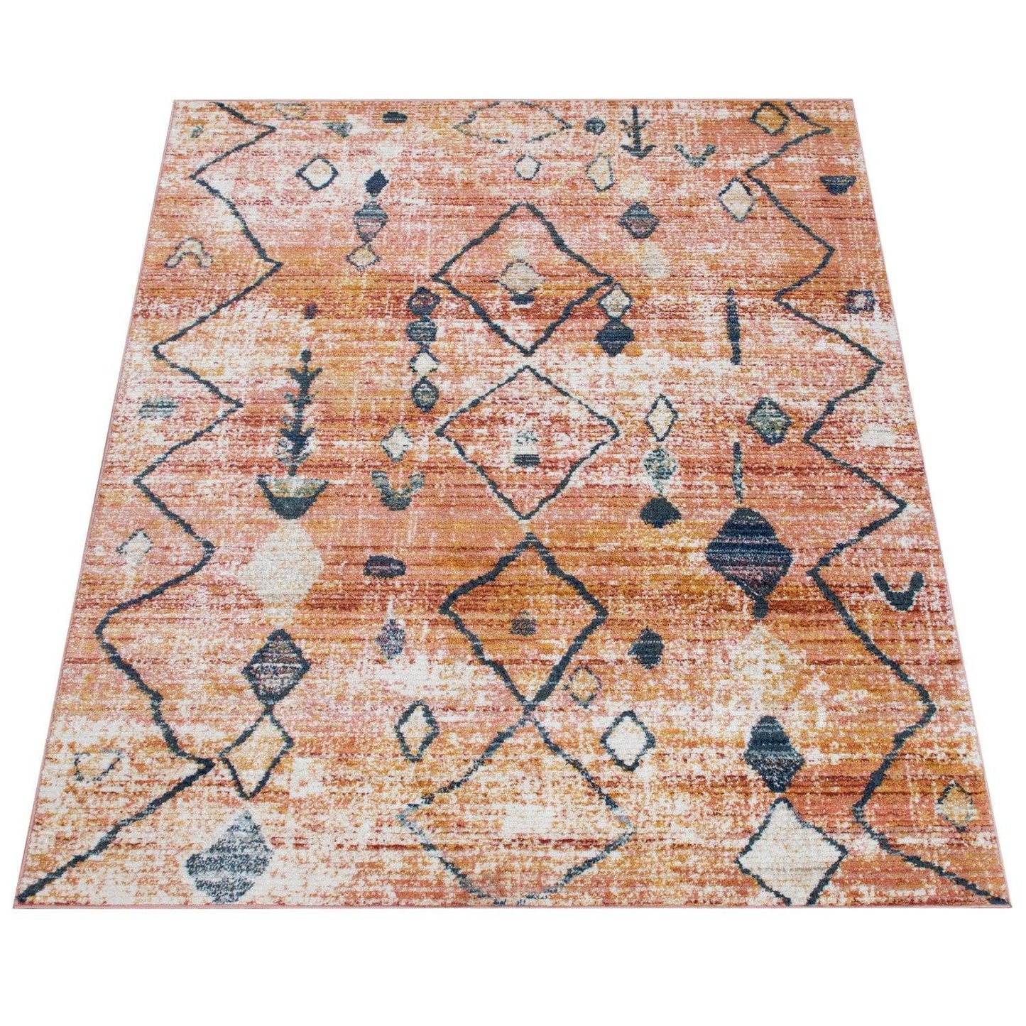 Boho Rug Red Ethnic Diamond Pattern Modern Ripped Design-1