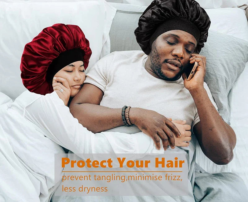 Two people in bed wearing hair bonnets with text promoting hair care products.