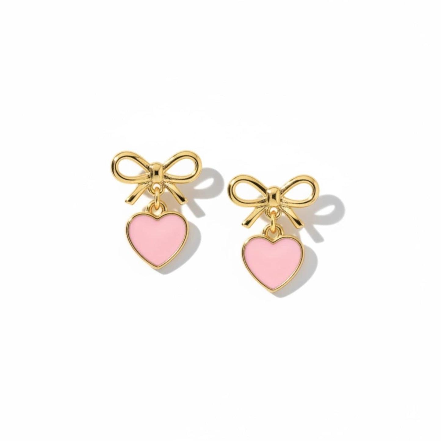 Bow Earrings with Cute Pink Heart Charm