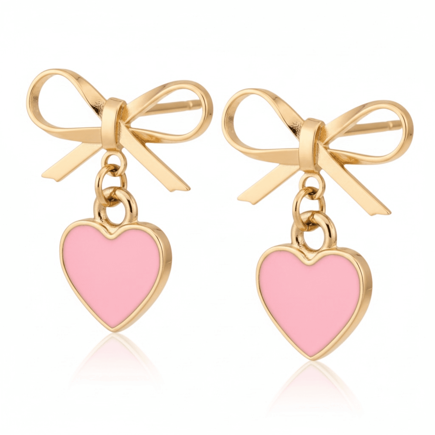 Bow Earrings with Cute Pink Heart Charm