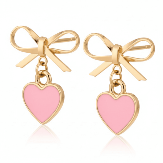 Bow Earrings with Cute Pink Heart Charm
