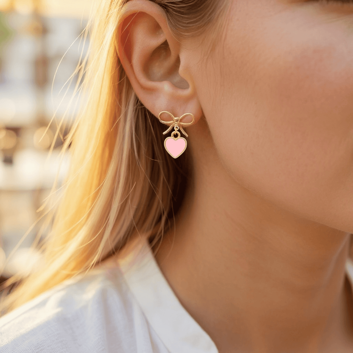 Bow Earrings with Cute Pink Heart Charm
