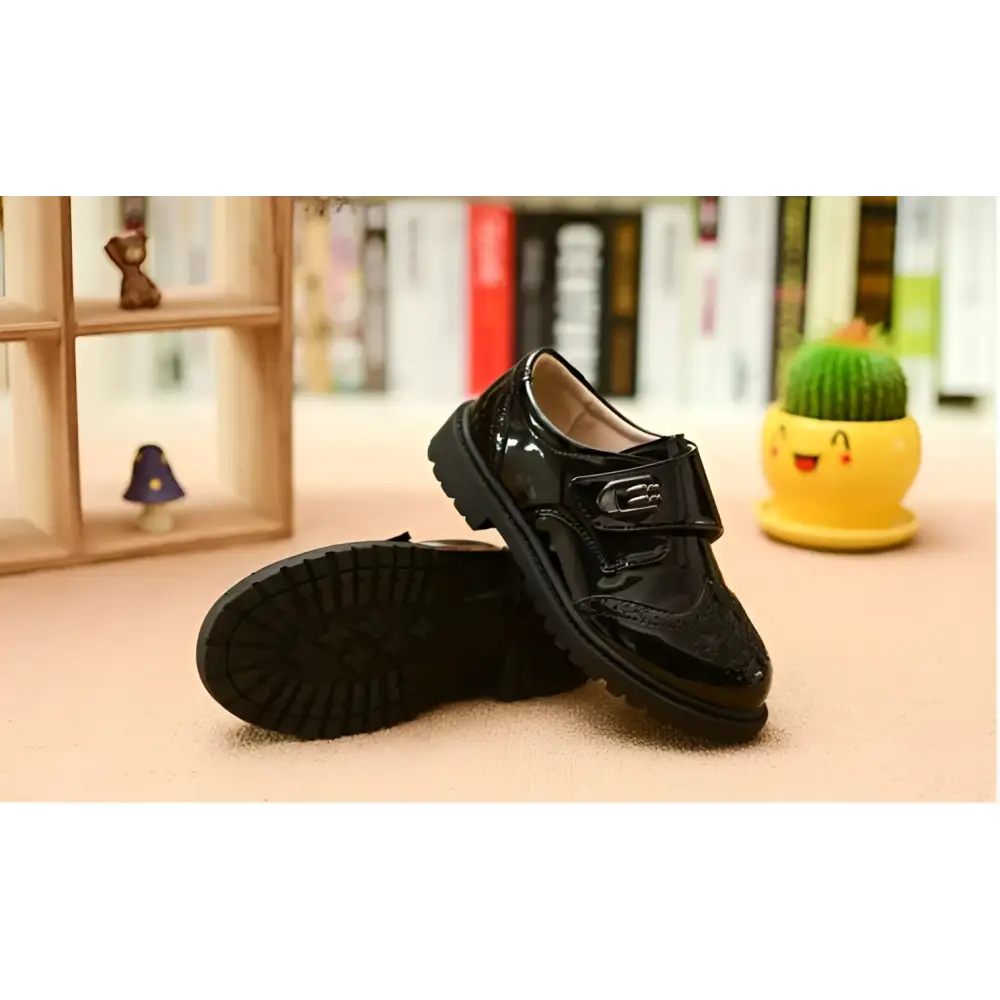Boys Black Patent Leather Shoes with Brogue Detail