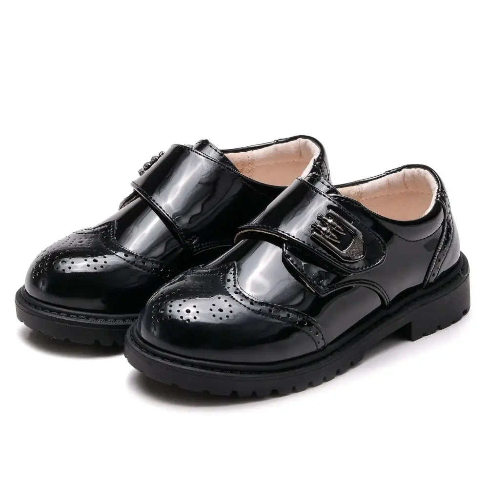 Boys Black Patent Leather Shoes with Brogue Detail