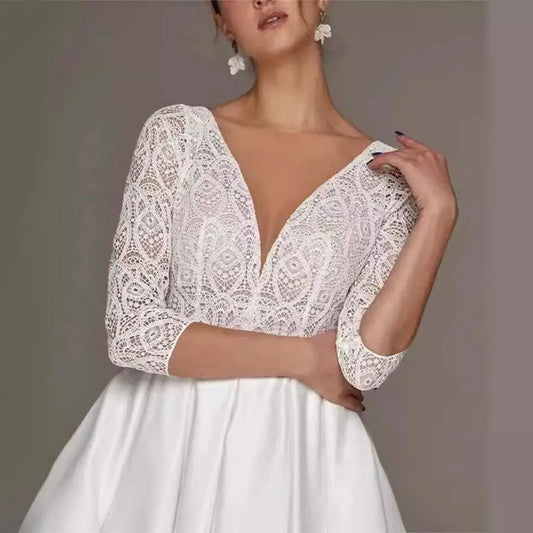 Bridal Deep V-Neck Long Sleeve Wedding Dress