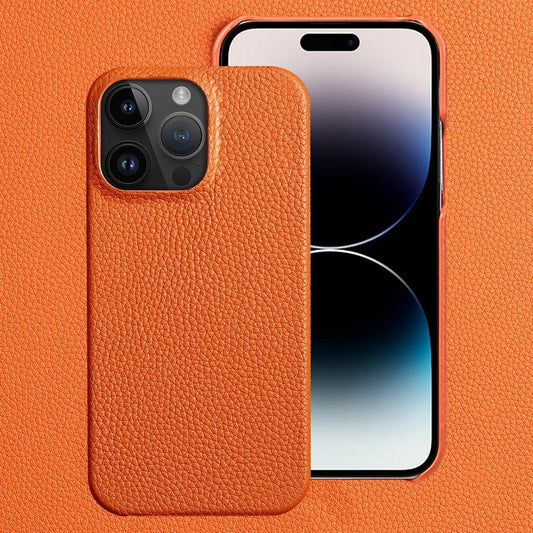 Bright Orange Mobile Phone Case With Coated Leather Case Protective Slim Phone Case Cowhide Genuine Leather Phone Case for iPhone 14 13 Pro Max Luxury Back Cover