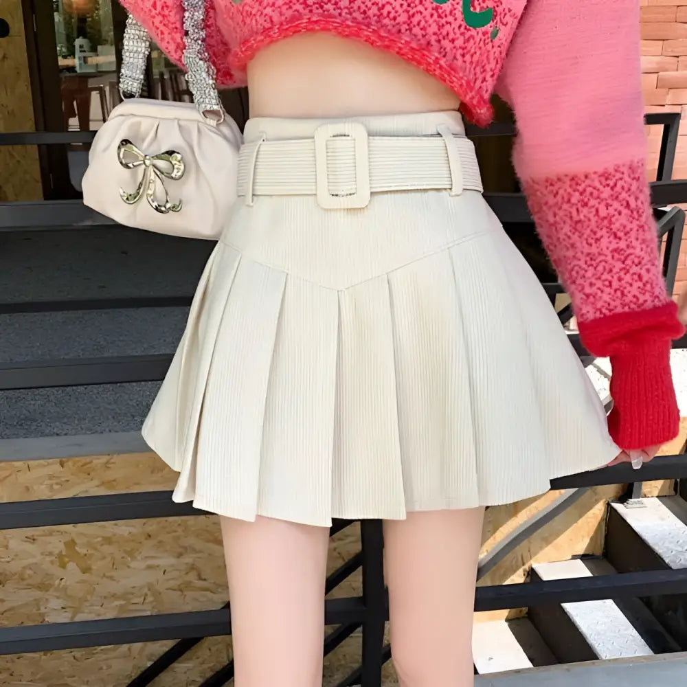 Brown Belted Corduroy Half Skirt Pleated Mini