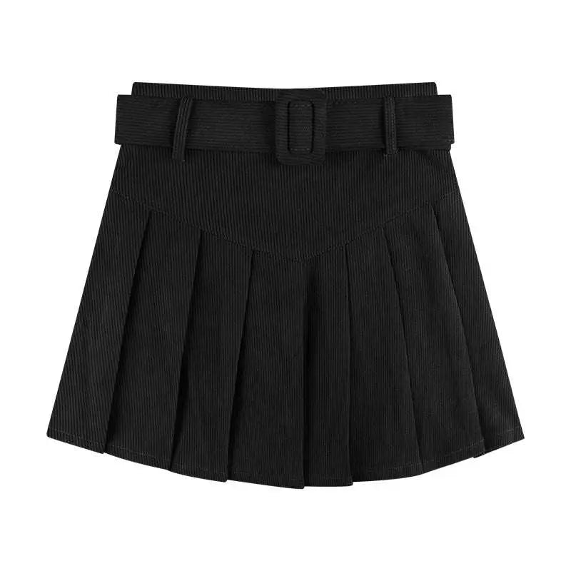Brown Belted Corduroy Half Skirt Pleated Mini