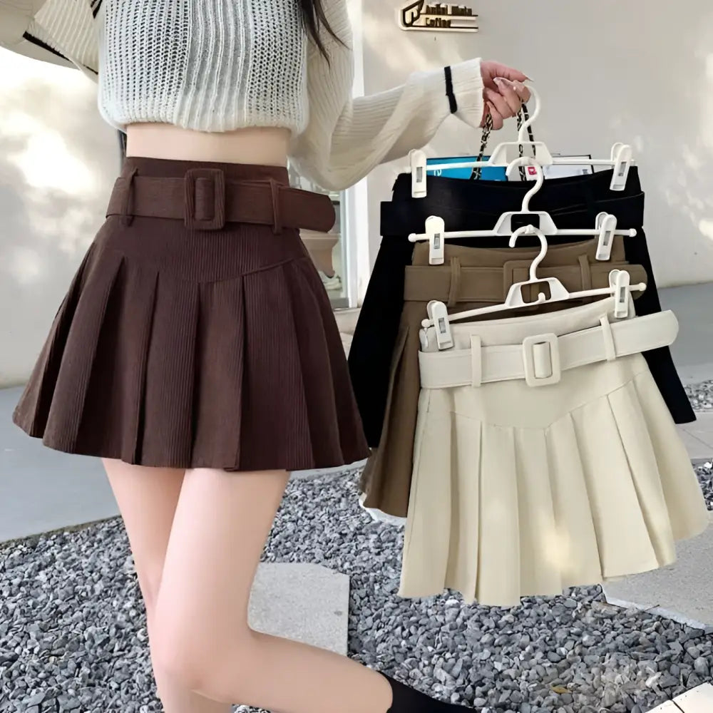 Brown Belted Corduroy Half Skirt Pleated Mini