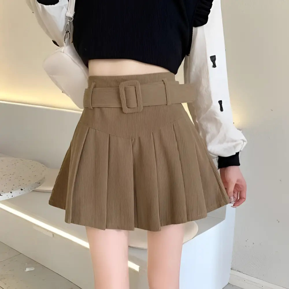 Brown Belted Corduroy Half Skirt Pleated Mini