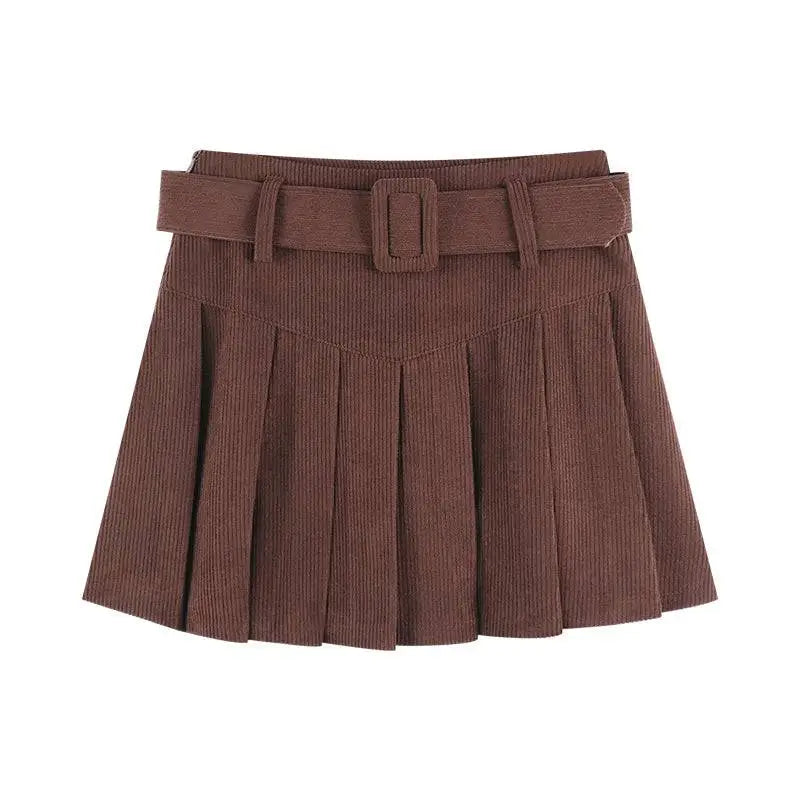 Brown Belted Corduroy Half Skirt Pleated Mini