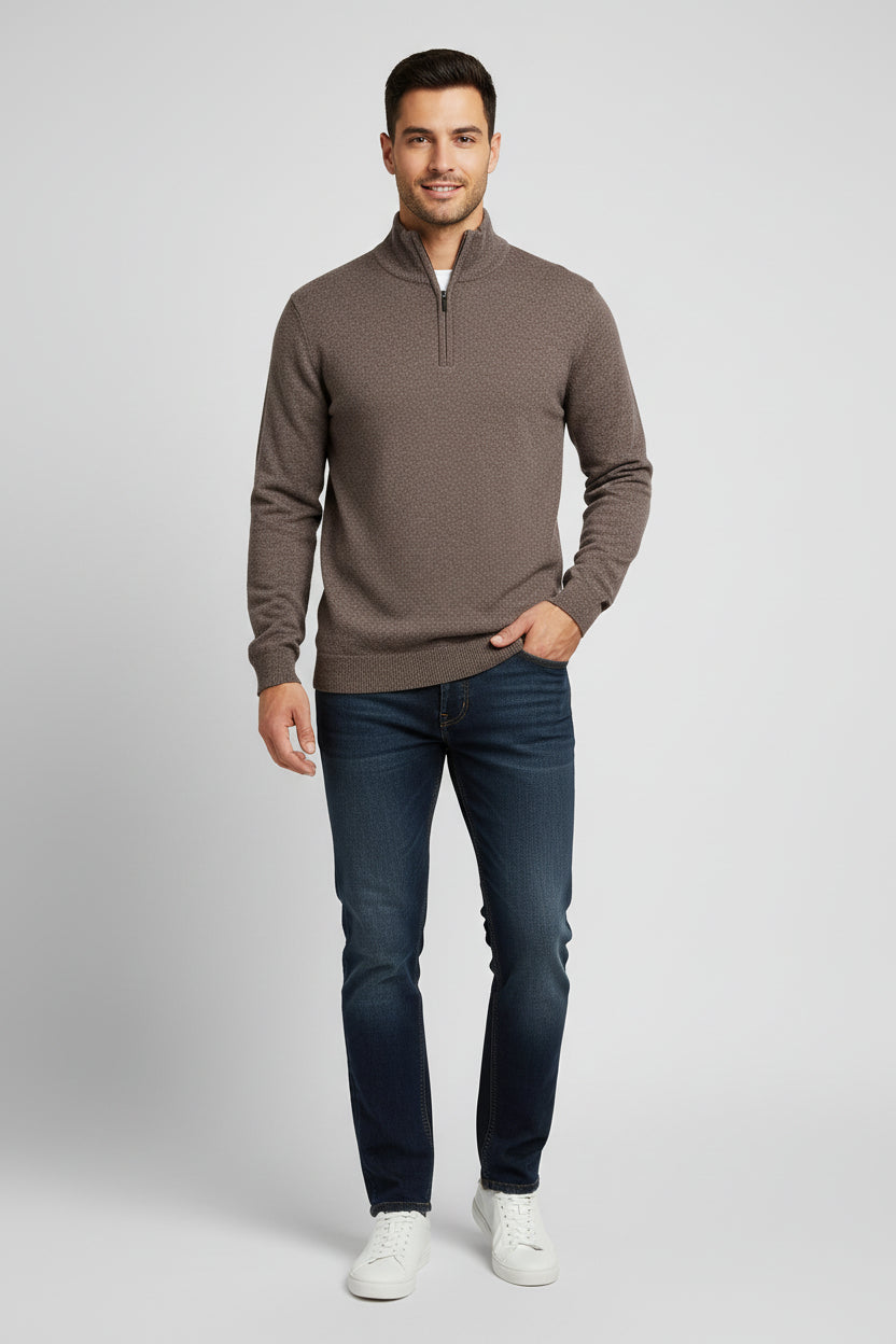 brown Men's Quarter Zip Sweater
Knit Sweater
Standard Pockets
Collar and Cuffs
Regular Fit
Model is 5'11 wearing a Large


Men's Quarter Zip Sweater color options: White, Brown, Maroon, Black, Grey, Navy Blue and Charcoal colors ~*
Made In: Imported