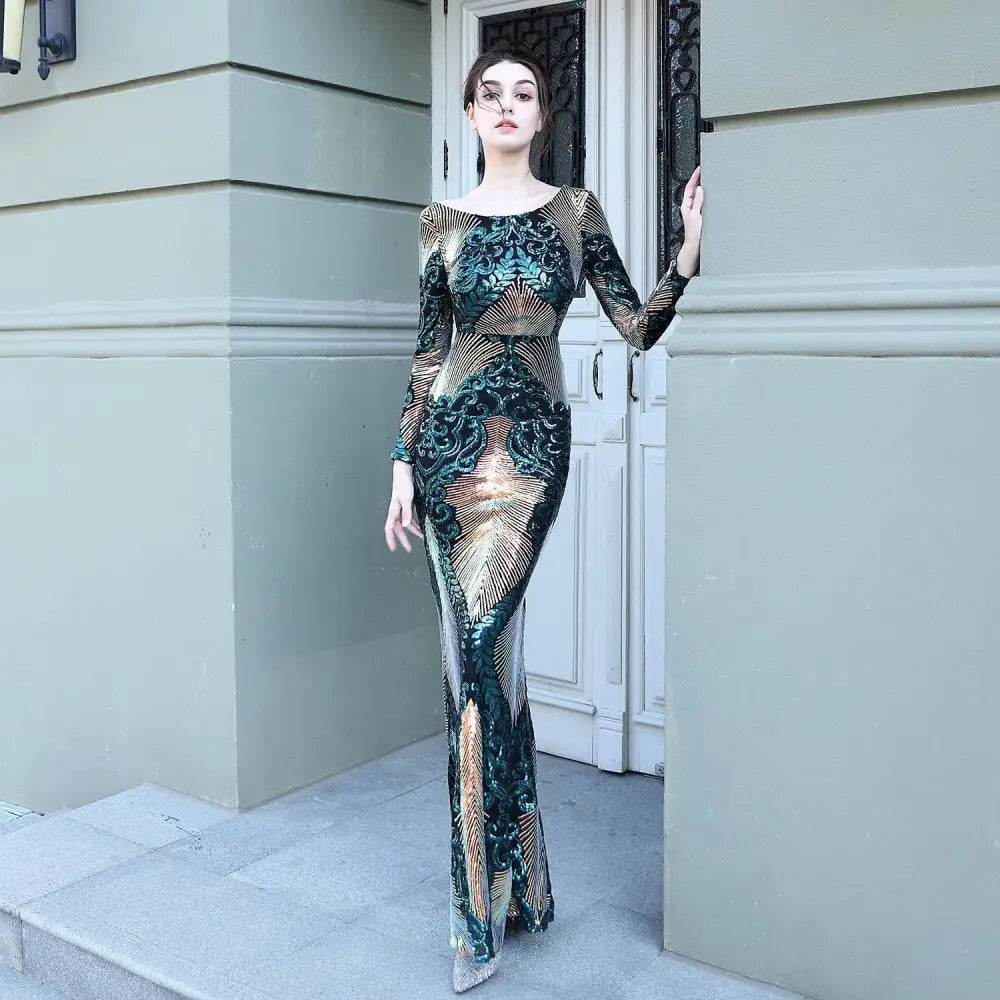 Burgundy Gold Mopping Long Sequin Dress