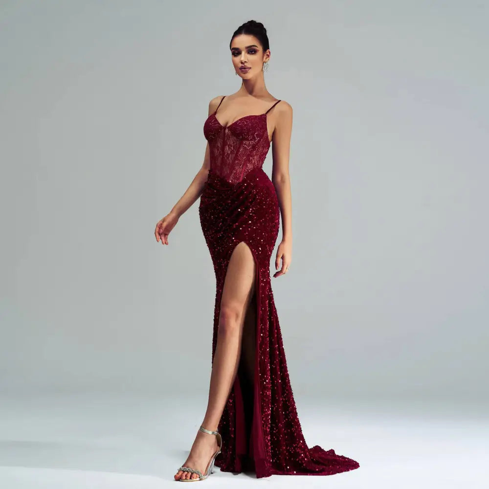 Burgundy Sleeveless Sequined High Slit Evening Dress