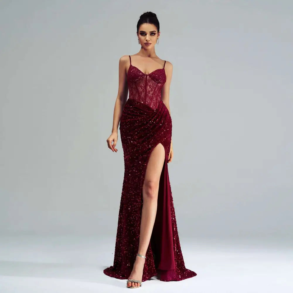 Burgundy Sleeveless Sequined High Slit Evening Dress