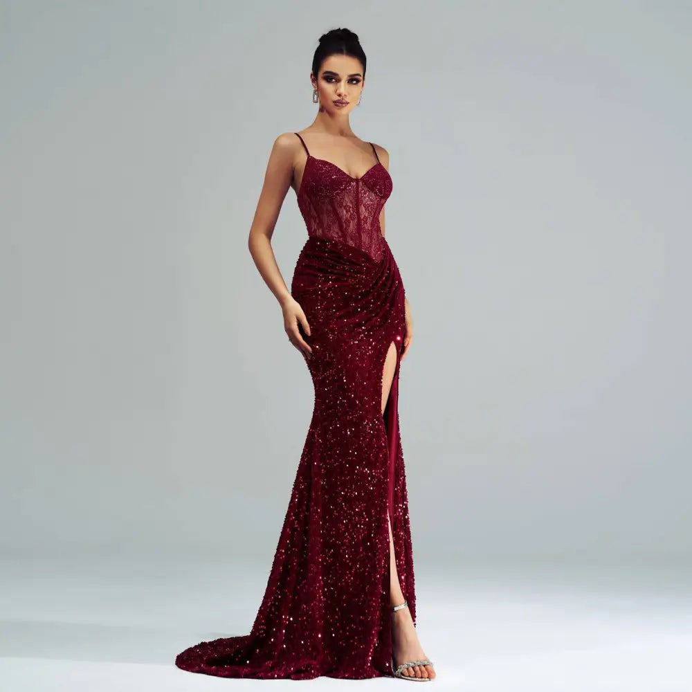 Burgundy Sleeveless Sequined High Slit Evening Dress