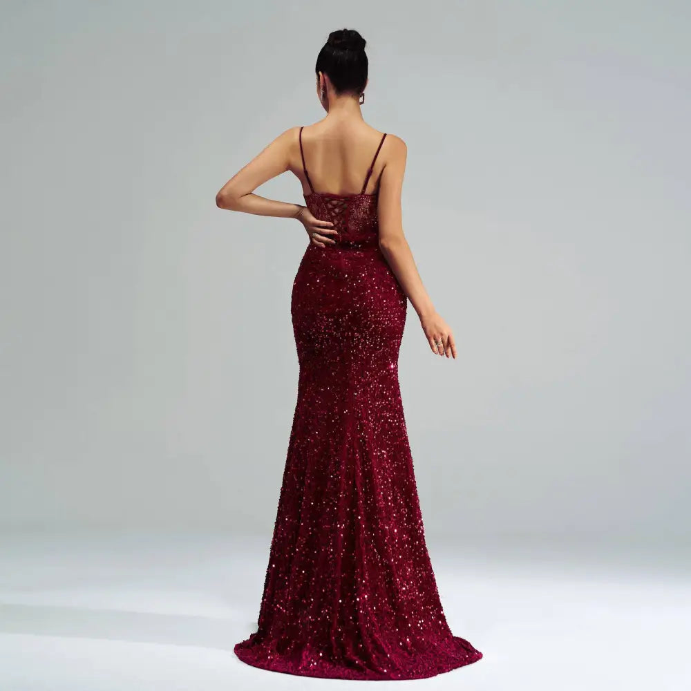 Burgundy Sleeveless Sequined High Slit Evening Dress