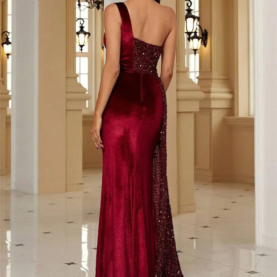 Burgundy Velvet Sequin Host Single Strapless Evening Dress