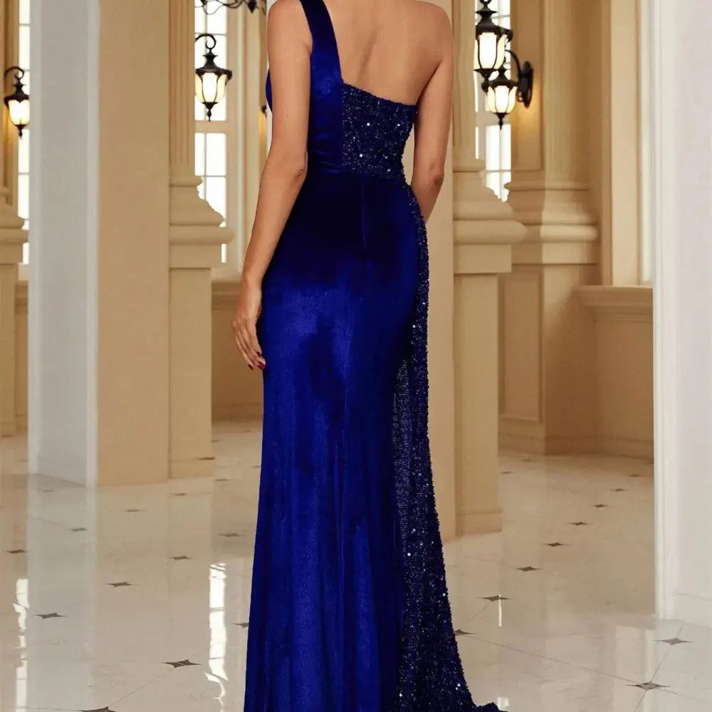 Burgundy Velvet Sequin Host Single Strapless Evening Dress
