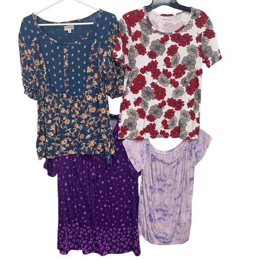 Lot of 4 Womens Medium Floral Paisley Boho Short Sleeve Summer Tops Shirts