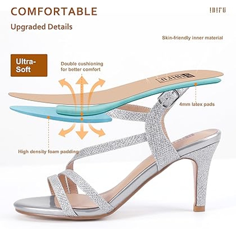 New Idifu Womens 7.5 Silver Glitter Open Toe 3.5" Heel Ankle Strap Sandal Shoes