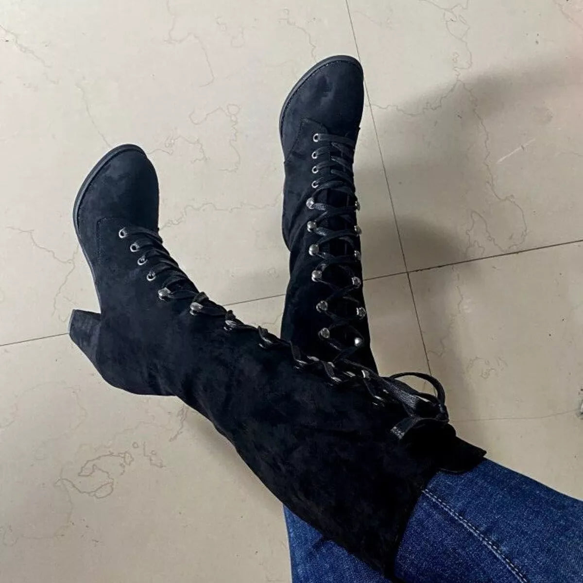 Lace Up Block Heels Boots
