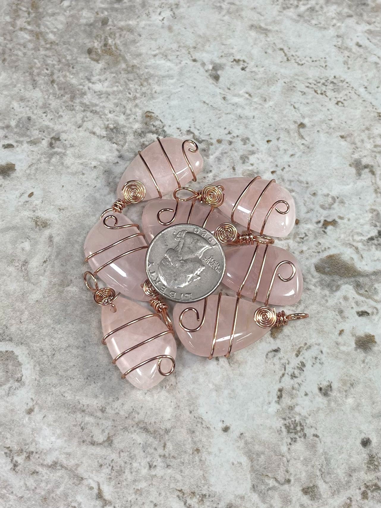 Rose Quartz, Rose Gold Wired Trapezoid, 16x29mm Pendant-3