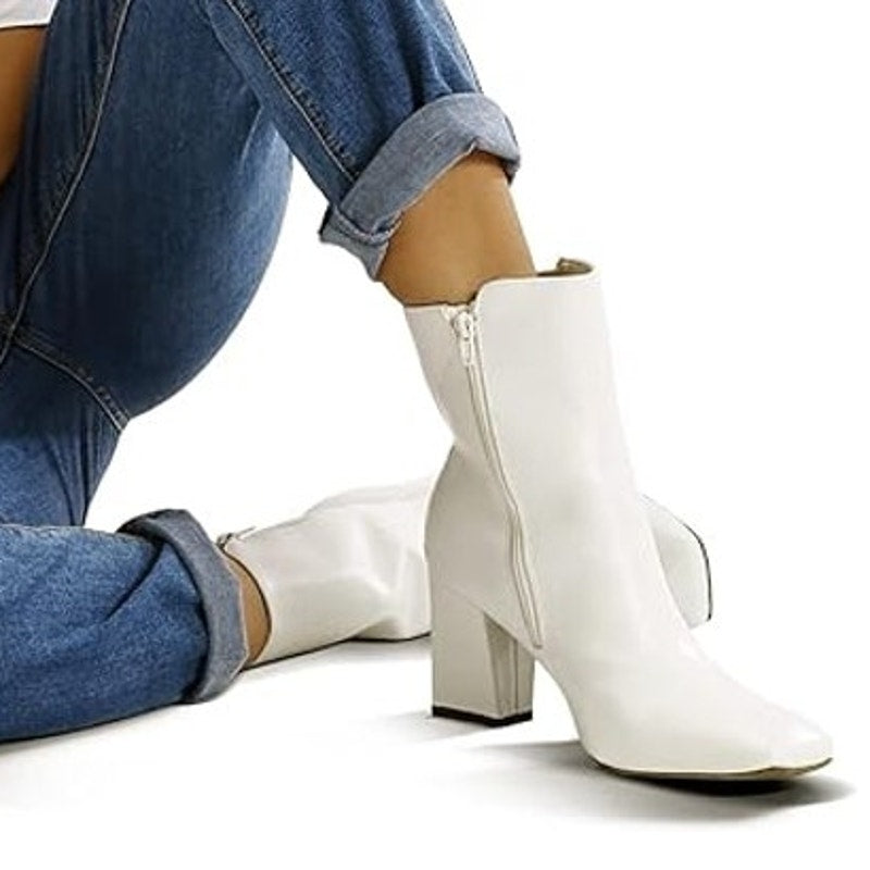 New Mysoft Womens Size 8 White Faux Leather 3" Block Heel Zip Ankle Boots w Flaw