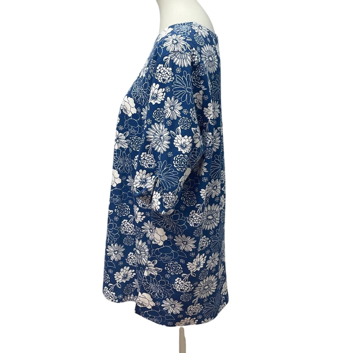 Blair Womens XL Blue White Floral Short Sleeve Cotton Blend Long Tee Shirt Tunic