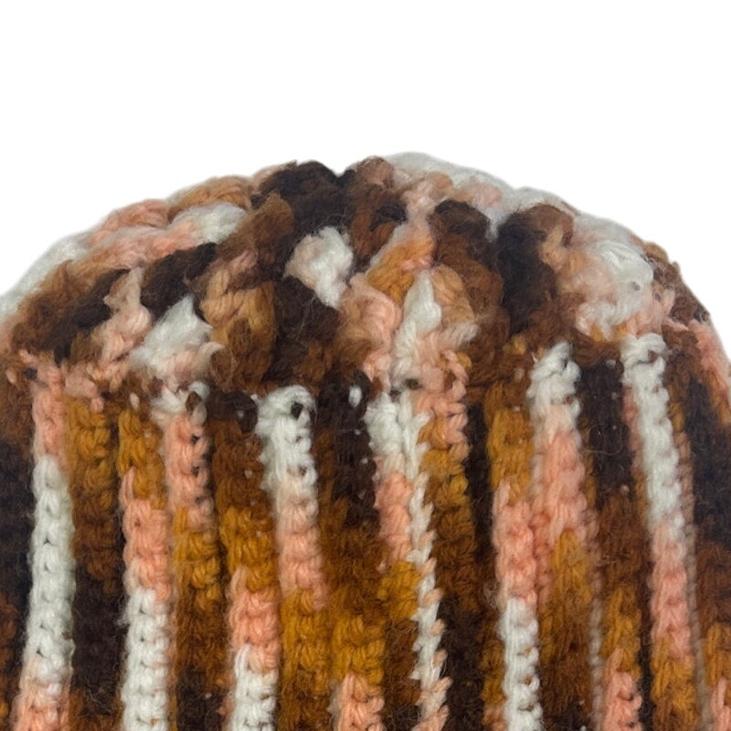Hand Crocheted Variegated Brown Orange White Acrylic Yarn Kids Winter Hat Cap