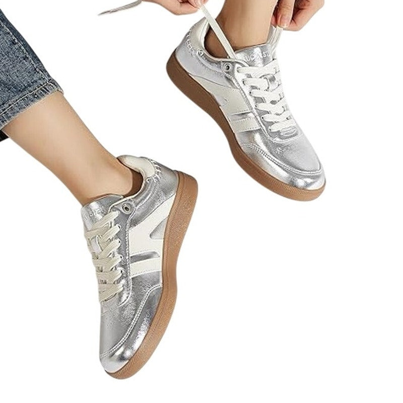 New Lucky Step Womens 8 Silver Lace Up Classic Retro Gum Sole Fashion Sneakers