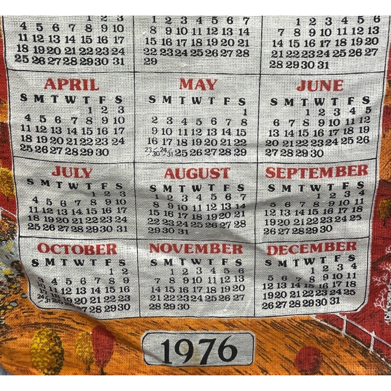 Vintage 1976 Woven Fabric Country Farm Houses Hanging Annual Calendar Towel