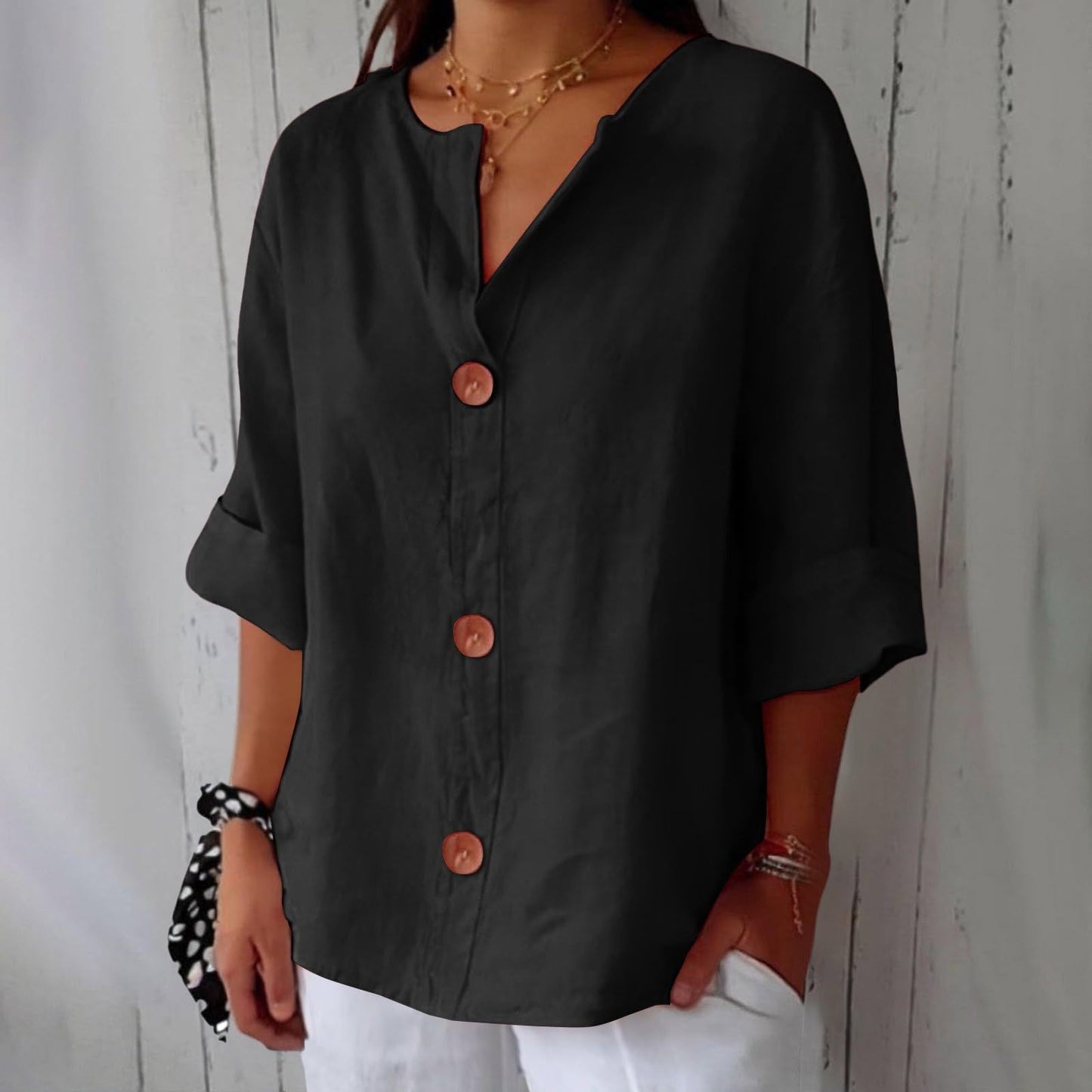 Women’s V-Neck Cotton Linen Buttoned Blouse