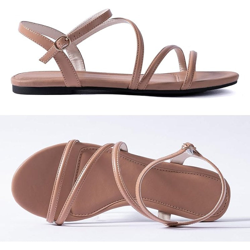 Mtzyoa Women Size 9 Nude Faux Leather Sandals Open Round Toe Ankle Strap Shoes