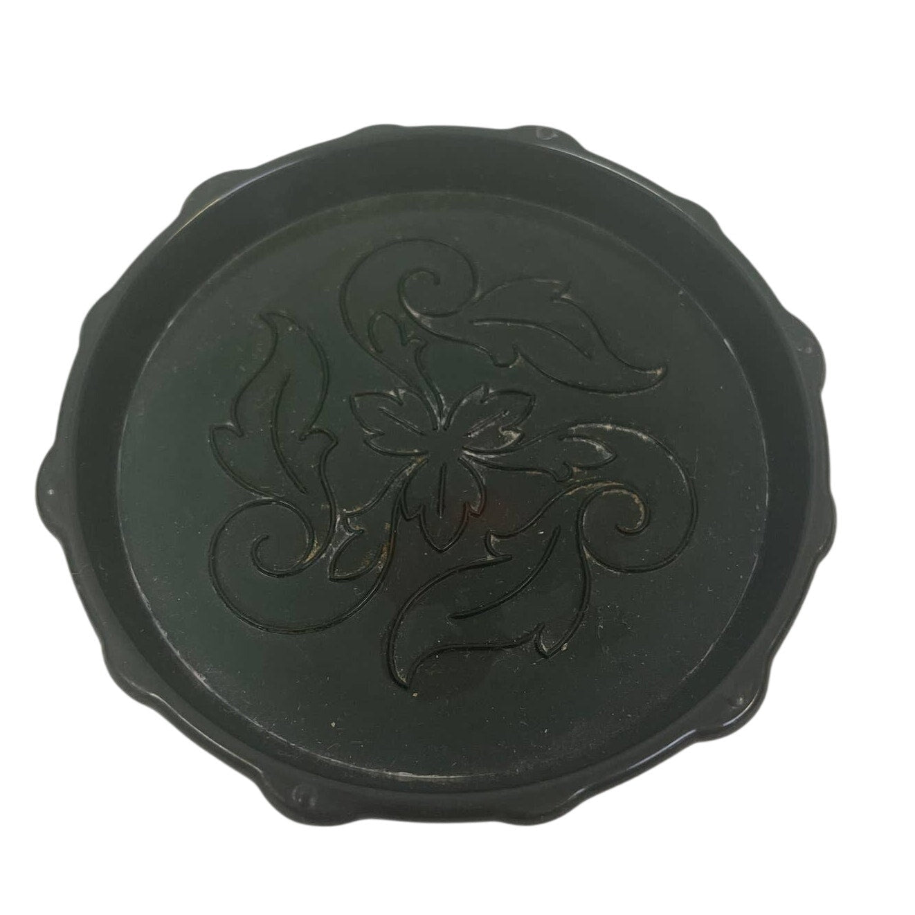 Pair of Vintage Dark Green Melamine Plastic Floral Round Coasters