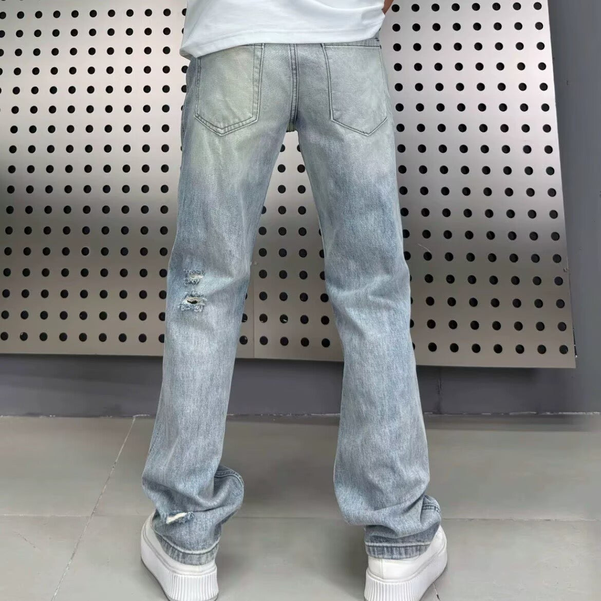 Fumei Personalized Perforated Design Denim Casual Versatile High Street Straight Leg Pants