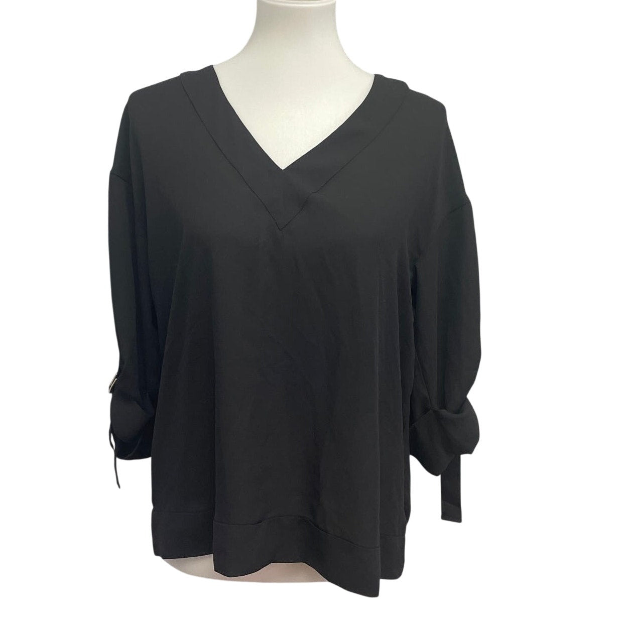 Worthington Womens Medium Sheer Tabbed Roll Up Sleeve V-Neck Polyester Blouse