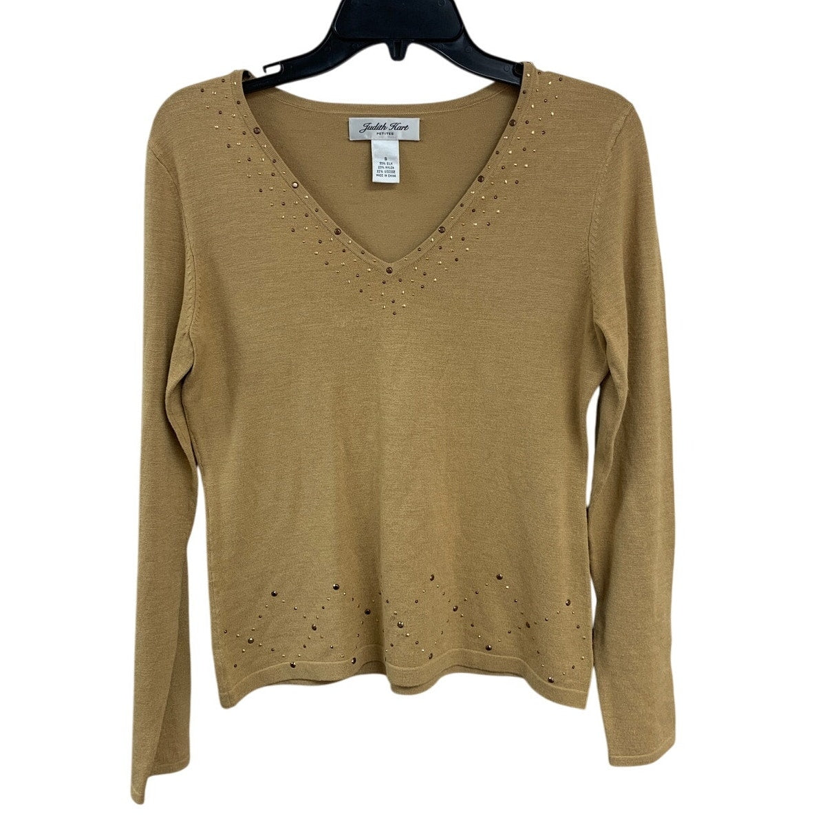 Judith Hart Womens Small Petite Silk Blend Rhinestone V Neck Long Sleeve Top
