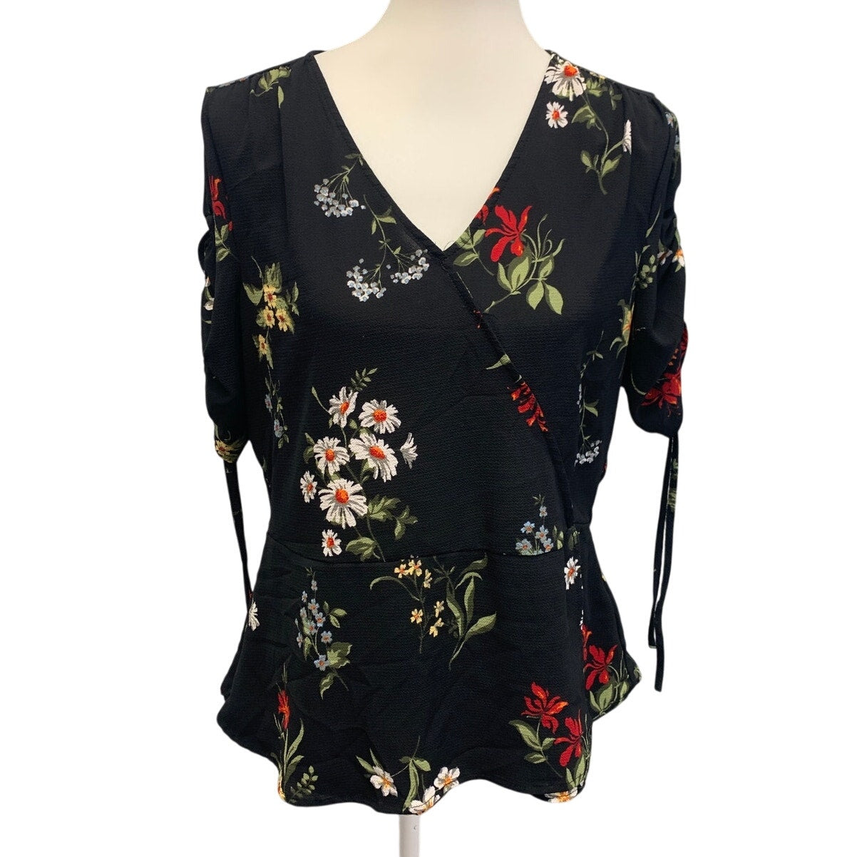 Alison Andrews Womens Medium Adjustable Ruched Sleeve Floral Daisy Blouse Shirt