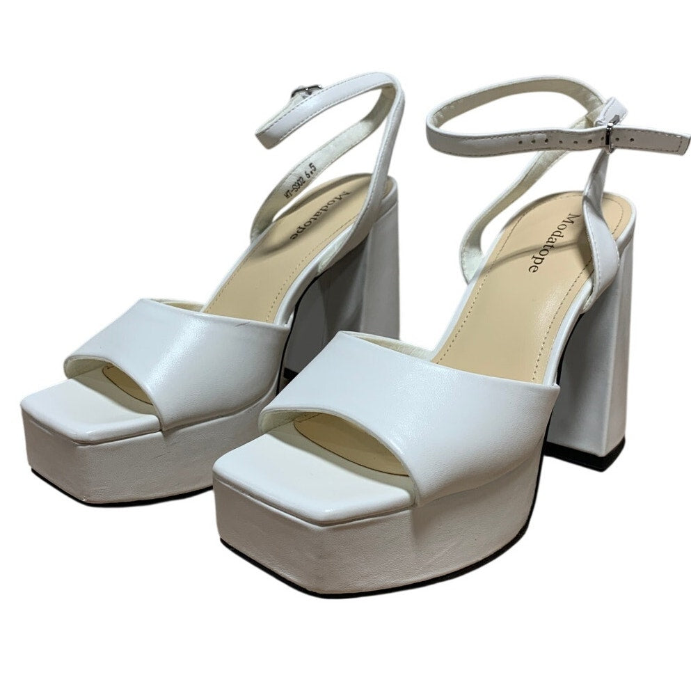 Modatope Womens 6.5 White 4.5" Platform Heels Open Square Toe Ankle Strap Shoes