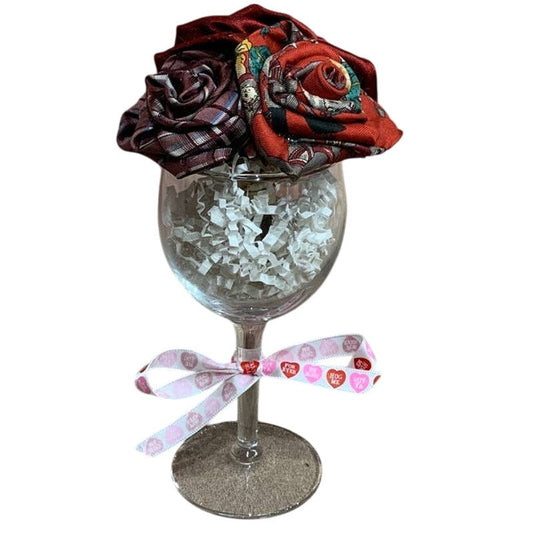 Handmade Upcycled Necktie Red Pink Valentines  Day Gift Bouquet Wine Glass Vase